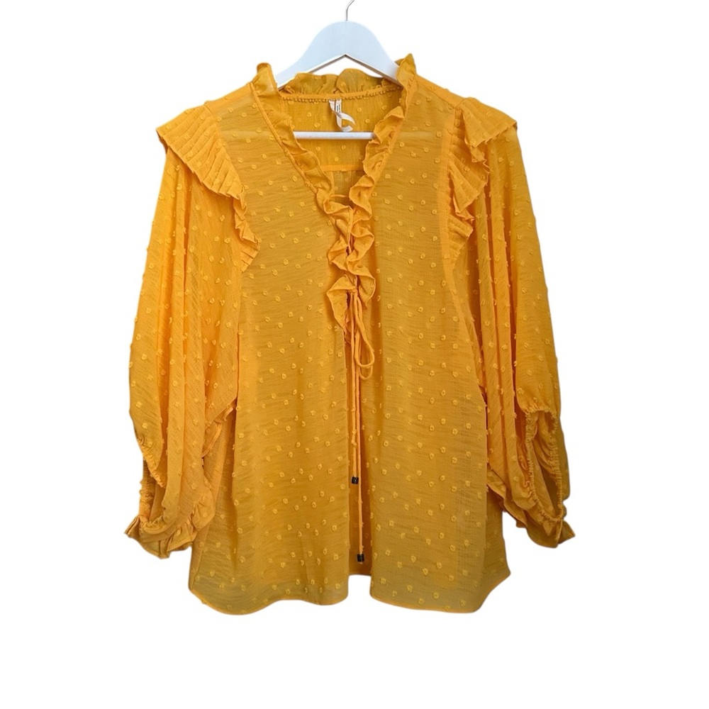 By Anthropologie Swiss Dot Ruffle Sheer Yellow Gold Blouse Women Sz M